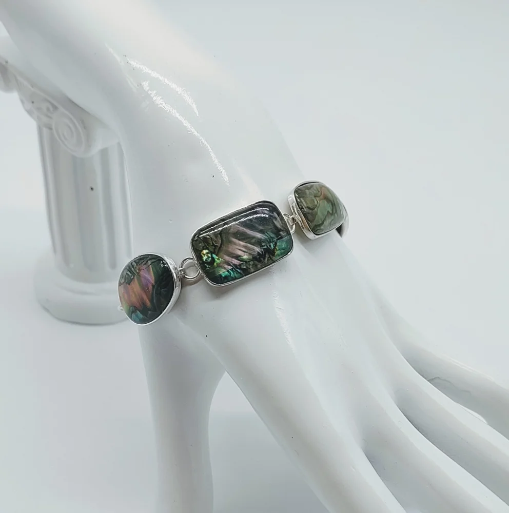 Vintage Sterling Silver Lucas Lameth Abalone Link Toggle Bracelet - Picture 3 of 12